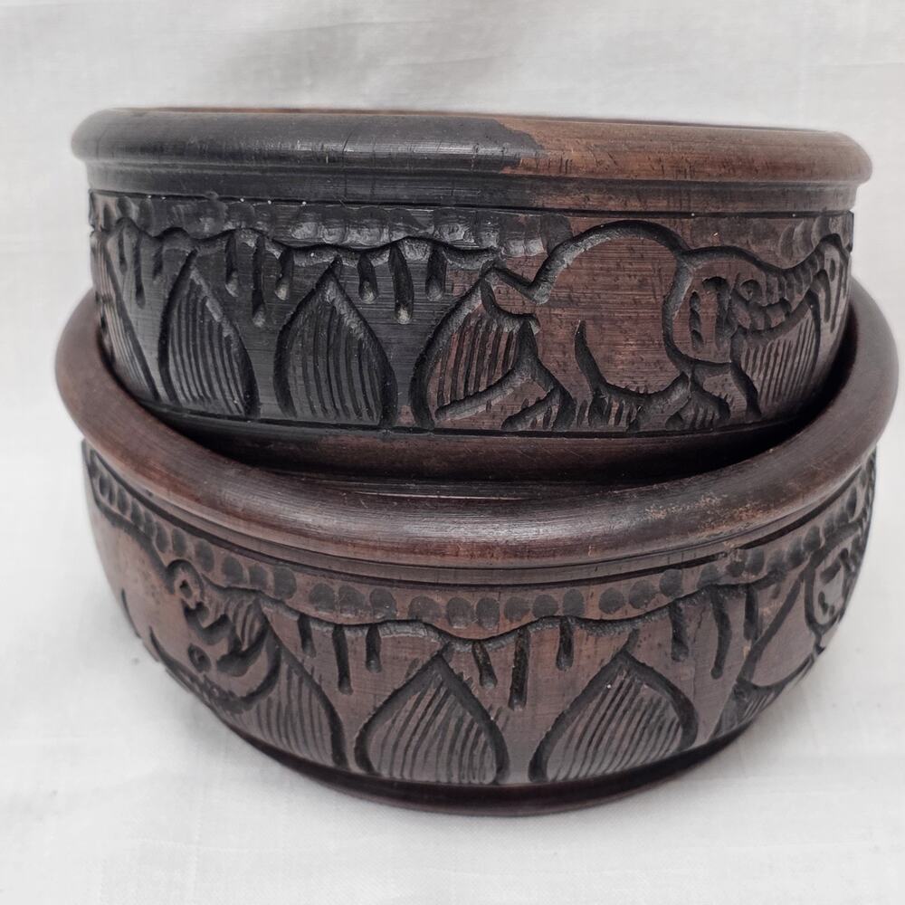 Hand Carved Wooden Bowls South Africa Tribal Folk Art Decorative Set Of 2
